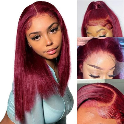 99J Wig Silky Straight Burgundy 13×6 Transparent HD Lace Front Human Hair Wigs Pre Plucked