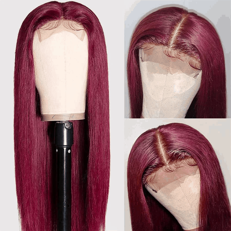 99J Wig Silky Straight Burgundy 13×6 Transparent HD Lace Front Human Hair Wigs Pre Plucked