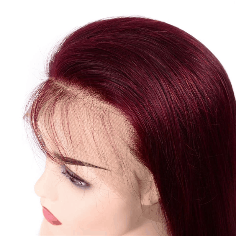 remyforte burgundy colored wig on the wig head