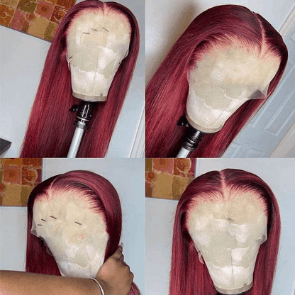 99J Wig Silky Straight Burgundy 13×6 Transparent HD Lace Front Human Hair Wigs Pre Plucked