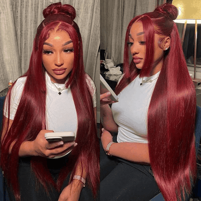 99J Wig Silky Straight Burgundy 13×6 Transparent HD Lace Front Human Hair Wigs Pre Plucked