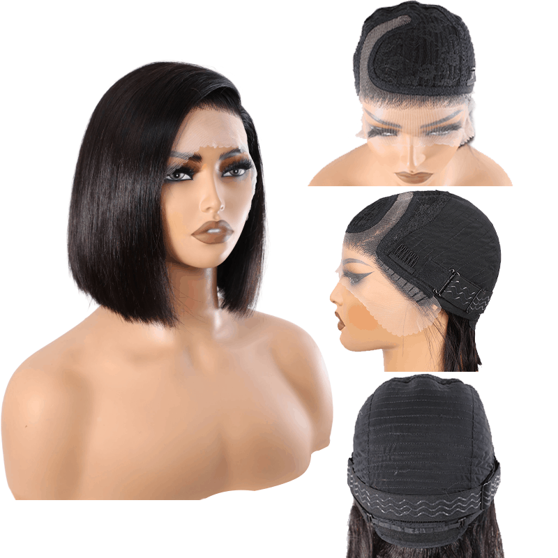 Asymmetric C-Shaped Side Part 5×5 Lace Short Cut Bob Wigs Human Hair Natural Black Color