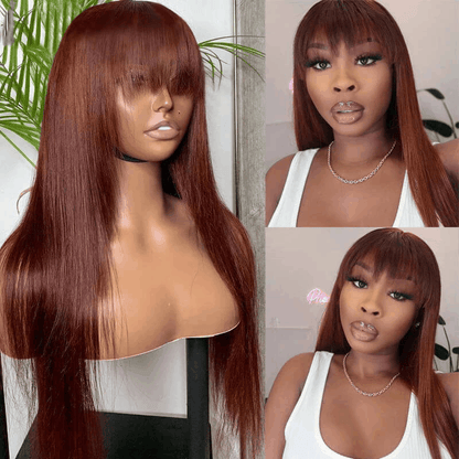 Auburn Straight Wig With Bangs Affordable 4×4 And 13×4 Lace Wig Reddish Brown Color Human Hair