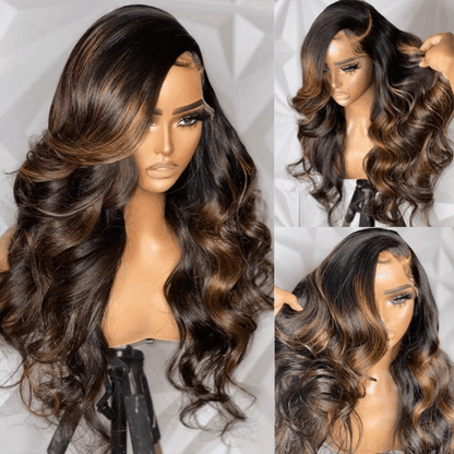 Balayage Body Wave Honey Blonde Human Hair Wigs 13×4 Lace Front With Ombre Highlights