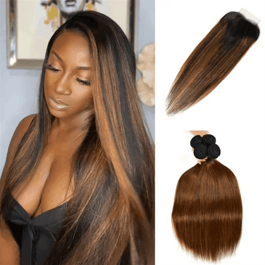 Remy Forte Balayage Highlight 4×4 Lace Closure and 4 Bundles Straight Hair With Highlights Color