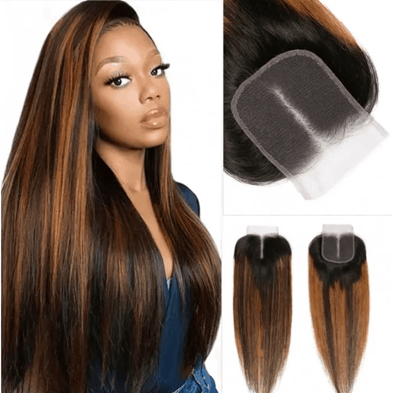 Remy Forte Balayage Highlight 4×4 Lace Closure and 4 Bundles Straight Hair With Highlights Color