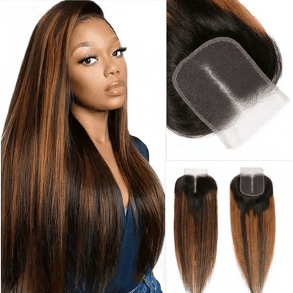 Remy Forte Balayage Highlight 4×4 Lace Closure and 4 Bundles Straight Hair With Highlights Color