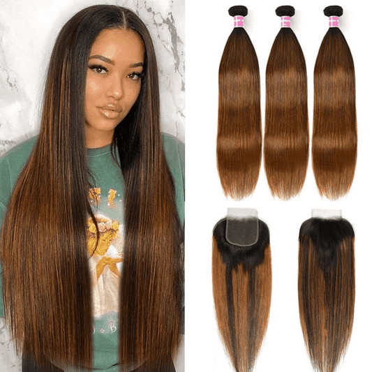 Remy Forte Balayage Ombre 4×4 Lace Closure With 3 Bundles Straight Human Hair Weave #FB30 Color