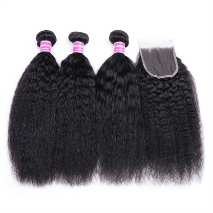 Remy Forte Best Kinky Straight Hair Weave 3 Bundles With 4×4 Lace Closure 100% Virgin Human Hair