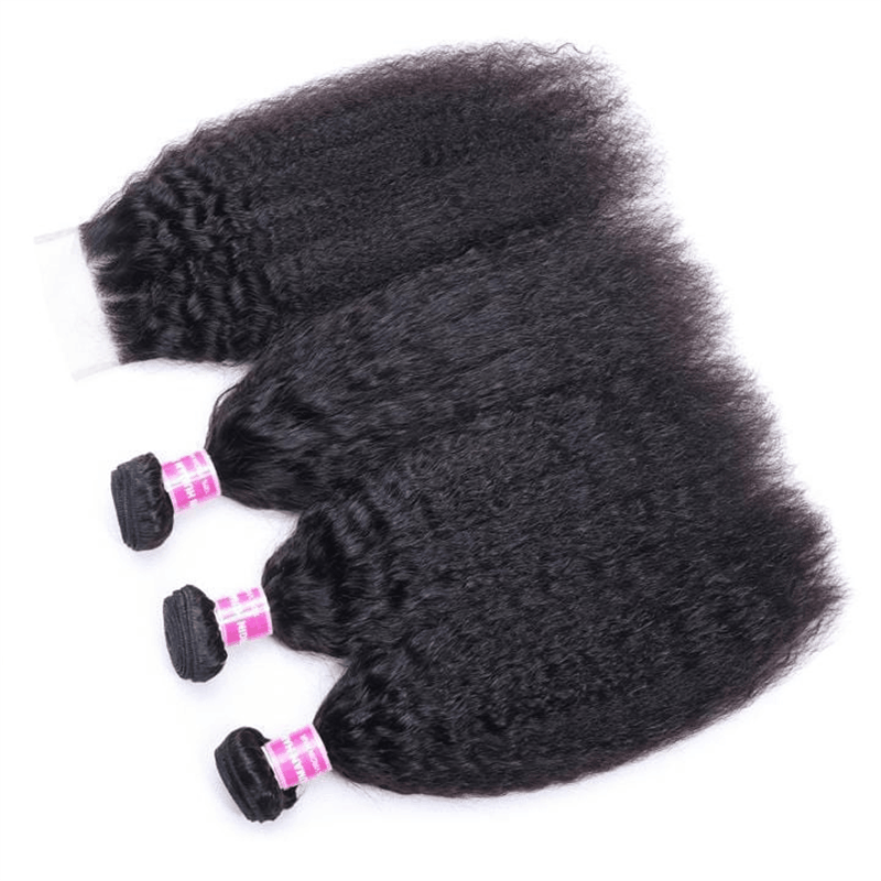 Remy Forte Best Kinky Straight Hair Weave 3 Bundles With 4×4 Lace Closure 100% Virgin Human Hair