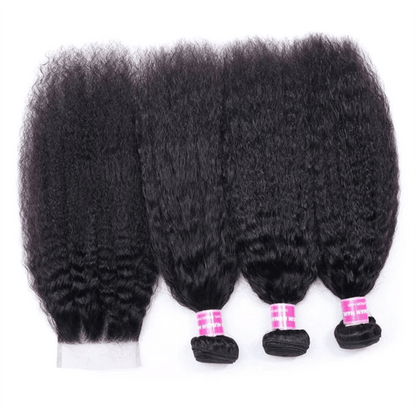 Remy Forte Best Kinky Straight Hair Weave 3 Bundles With 4×4 Lace Closure 100% Virgin Human Hair