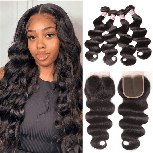 Remy Forte Human Hair Virgin Body Wave Weave 4 Bundles With 4×4 Lace Closure Natural Black