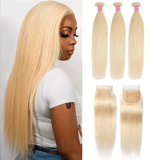 Remy Forte Brazilian 613 Straight 3 Bundles With 4×4 Lace Closure Blonde Human Hair Bundles