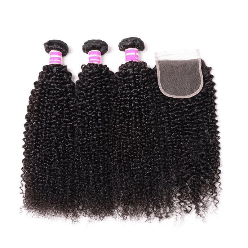 Remy Forte Brazilian Kinky Curly Hair 3 Bundles with 4×4 Lace Closure Natural Color Hair Bundles