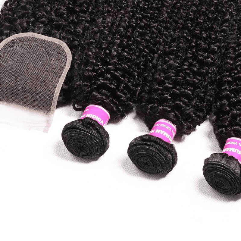 Remy Forte Brazilian Kinky Curly Hair 3 Bundles with 4×4 Lace Closure Natural Color Hair Bundles