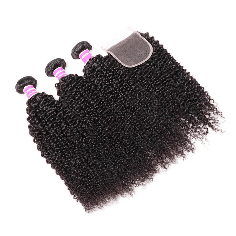 Remy Forte Brazilian Kinky Curly Hair 3 Bundles with 4×4 Lace Closure Natural Color Hair Bundles