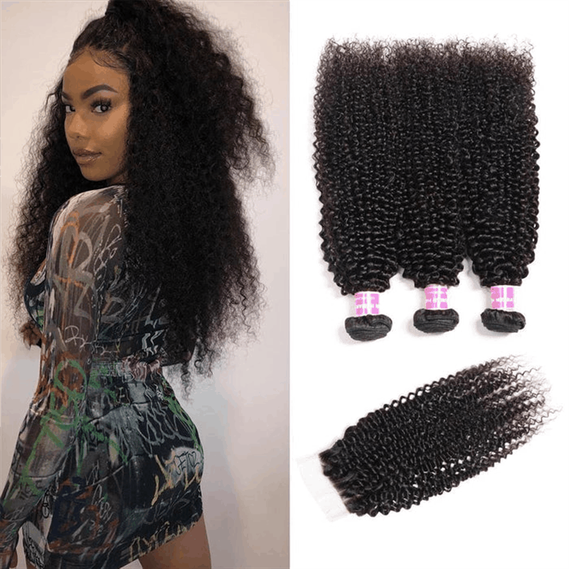 Remy Forte Brazilian Kinky Curly Hair 3 Bundles with 4×4 Lace Closure Natural Color Hair Bundles