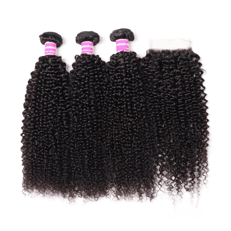 Remy Forte Brazilian Kinky Curly Hair 3 Bundles with 4×4 Lace Closure Natural Color Hair Bundles