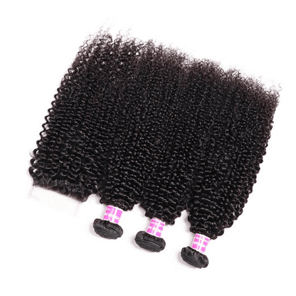 Remy Forte Brazilian Kinky Curly Hair 3 Bundles with 4×4 Lace Closure Natural Color Hair Bundles