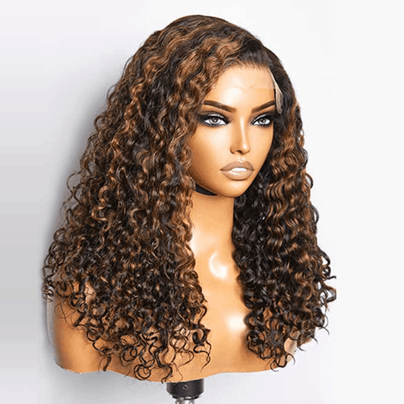 Brown Highlights Funmi Curly 5x5 Lace Closure Wig Affordable Human Hair #FB30 Color