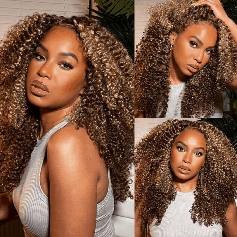 Brown highlights funmi curly wig showcasing 5x5 lace closure, perfect for an affordable and stylish look.