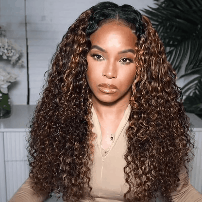 Brown highlights funmi curly 5x5 lace closure wig in #FB30 color, enhancing natural beauty with vibrant curls and style.