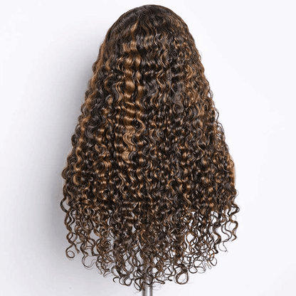 Brown highlights Funmi curly 5x5 lace closure wig, affordable human hair with #FB30 color and 180% density.