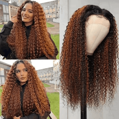 Brown highlights Funmi curly 5x5 lace closure wig in #FB30 color, showcasing beautiful texture and style.