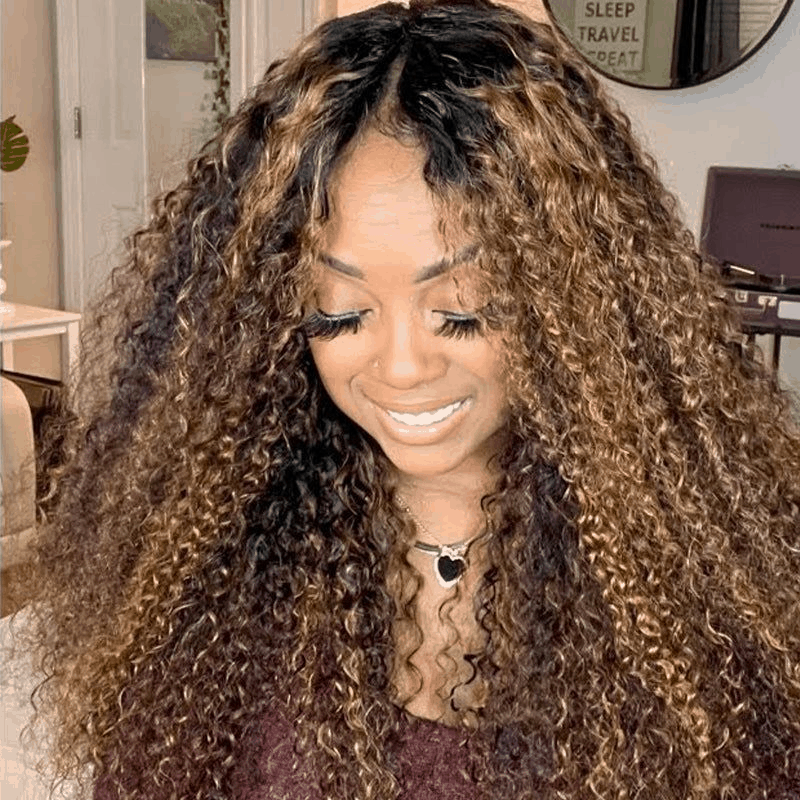 Brown Highlights Funmi Curly 5x5 Lace Closure Wig Affordable Human Hair #FB30 Color