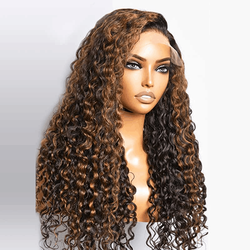 Brown highlights Funmi curly 5x5 lace closure wig in #FB30 color, showcasing natural curls and an affordable human hair option.