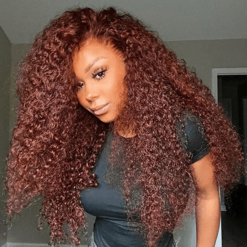 Curly Auburn Reddish Color Wig Copper #33B Colored Reddish Brown 13×4 Lace Front Wig Human Hair
