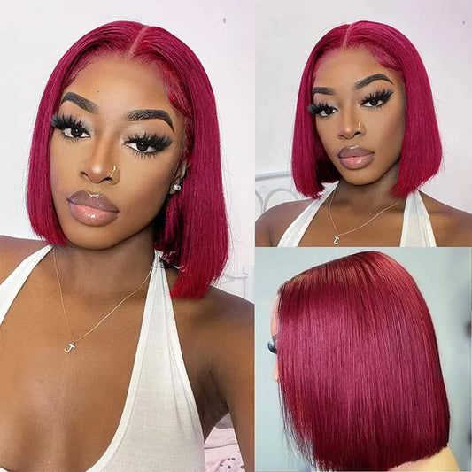 Cute Straight Bob 13×4×1 Lace Wig 180% Density 99J Burgundy Human Hair Pre Colored Wigs