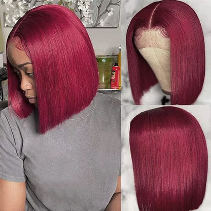 Cute Straight Bob 13×4×1 Lace Wig 180% Density 99J Burgundy Human Hair Pre Colored Wigs