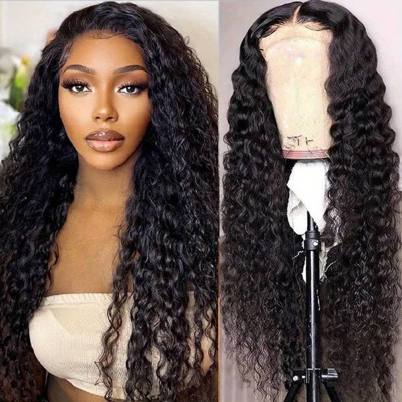 Deep Curly 13×4 Lace Front Natural Black Remy Pre Plucked Human Hair Wig 180% Density