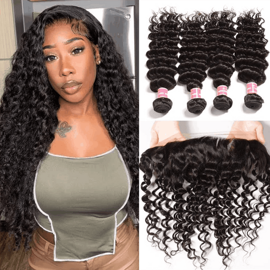 Remy Forte Deep Wave 4 Bundles With 13×4 Lace Frontal Closure 100% Virgin Human Hair Extension