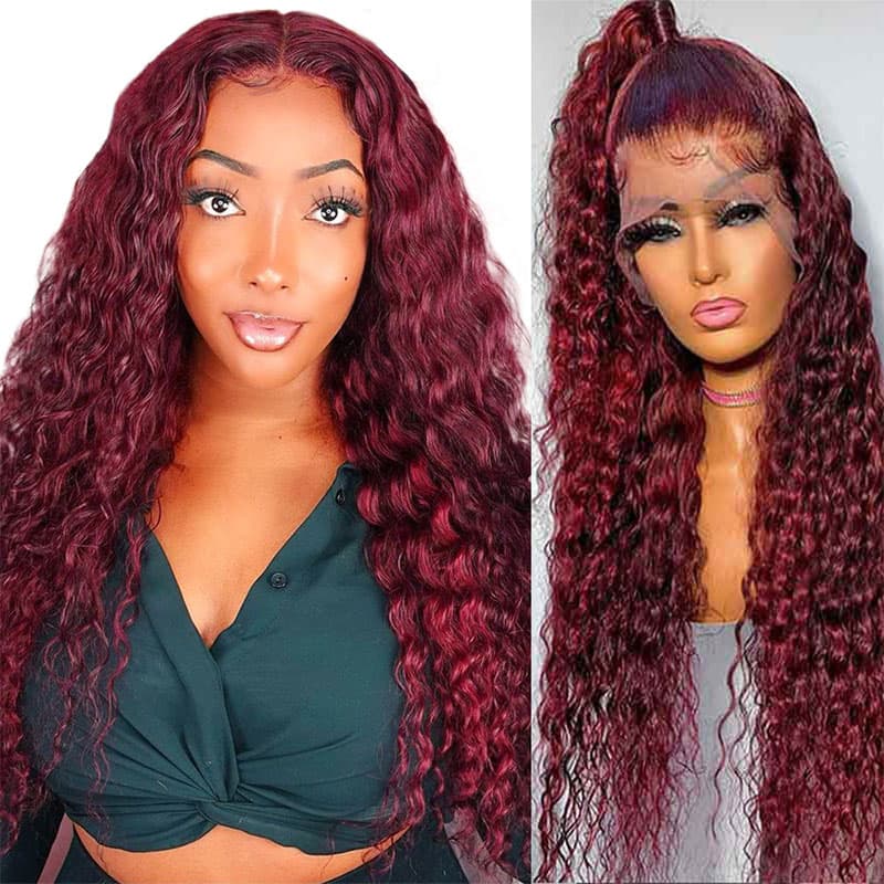 Deep Wave Wig 99J Colored Burgundy 5×5 And 13×4 Transparent HD Lace Frontal Wig 210 Density