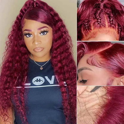 Deep Wave Wig 99J Colored Burgundy 5×5 And 13×4 Transparent HD Lace Frontal Wig 210 Density
