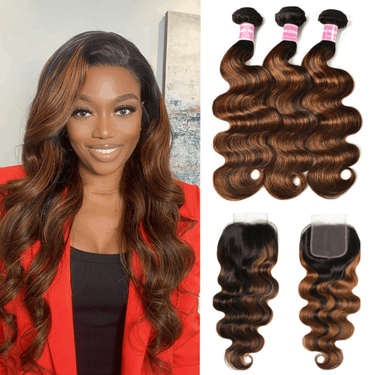 Remy Forte #FB30 Highlight Body Wave 3 Bundles with 4×4 Lace Closure Human Hair Ombre Balayage Color