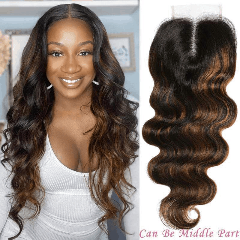 Beautiful woman wearing a Remy Forte body wave lace closure wig, showcasing FB30 balayage highlights and versatile styling options.