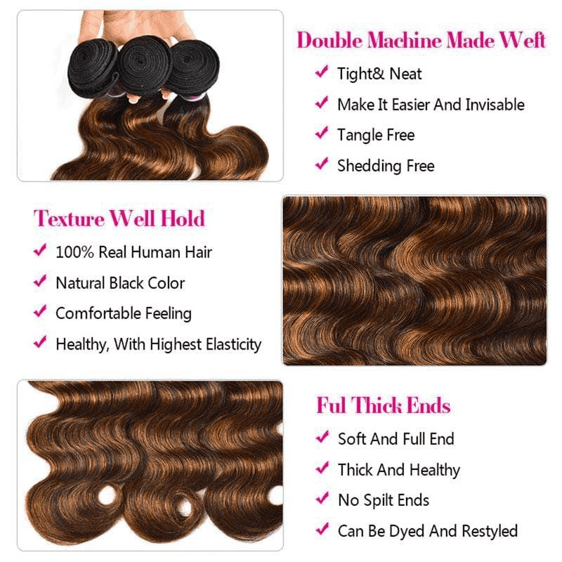 Remy Forte #FB30 Highlight Body Wave 3 Bundles with 4×4 Lace Closure Human Hair Ombre Balayage Color