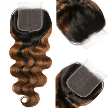 Remy Forte #FB30 Highlight Body Wave 3 Bundles with 4×4 Lace Closure Human Hair Ombre Balayage Color