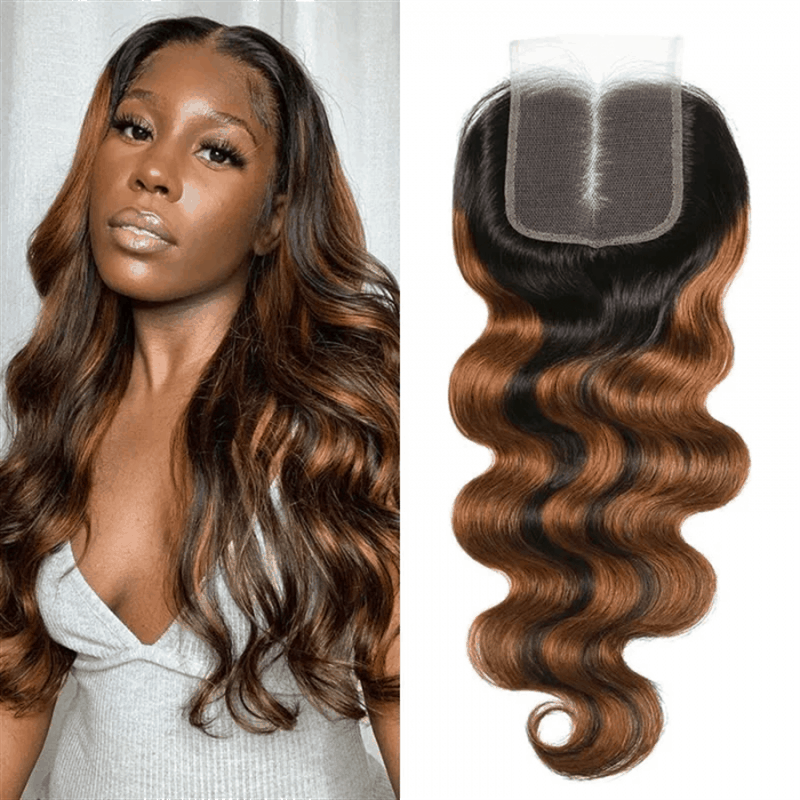 Remy Forte 4x4 lace closure FB30 highlighted wig with body wave texture and balayage highlights on a model.