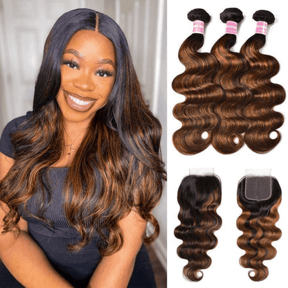 Remy Forte #FB30 Highlight Body Wave 3 Bundles with 4×4 Lace Closure Human Hair Ombre Balayage Color