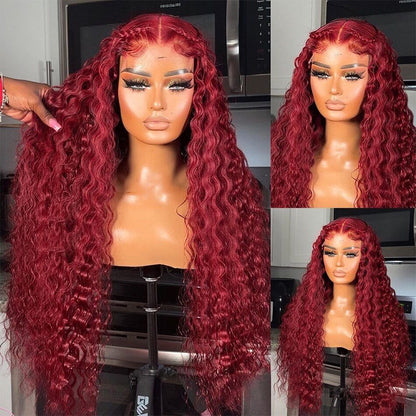 Ginger Orange Color And 99J Burgundy Deep Wave Colored Curly Lace Human Hair Wigs 180% Density