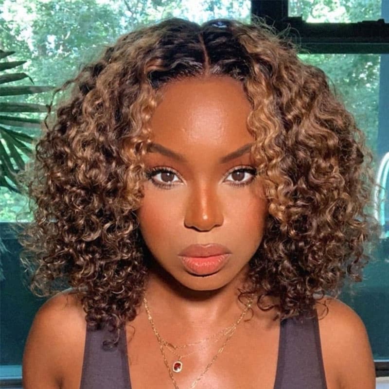 Deep curly bouncy bob ombre highlight wig showcasing highlighted texture and elegant style for a stunning look.