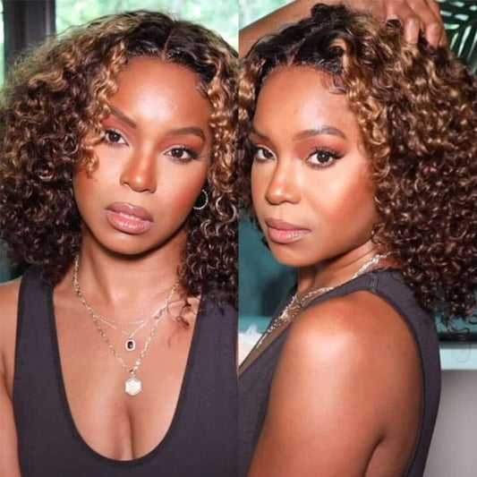 Highlight Color Deep Curly Bob Ombre Honey Brown 4×4 Lace Closure Wigs Bouncy Curly Wig