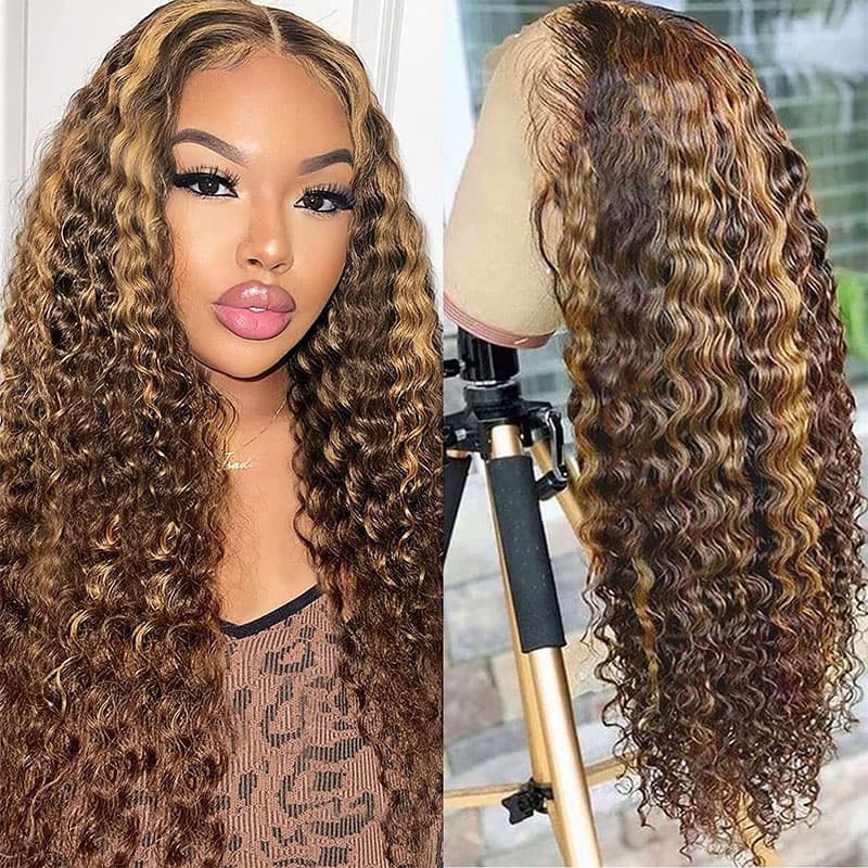 Highlights Deep Wave 13×4 Lace Front Wig Honey Blonde Deep Curly Human Hair Wigs P4/27 Color