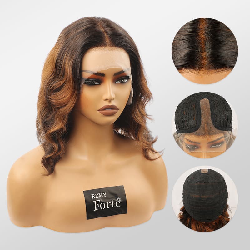 Hollywood Bob Loose Wavy Pre Cut Lace Wig Ombre Highlight T Part Lace Bob Short 1B/30 Colored Wig