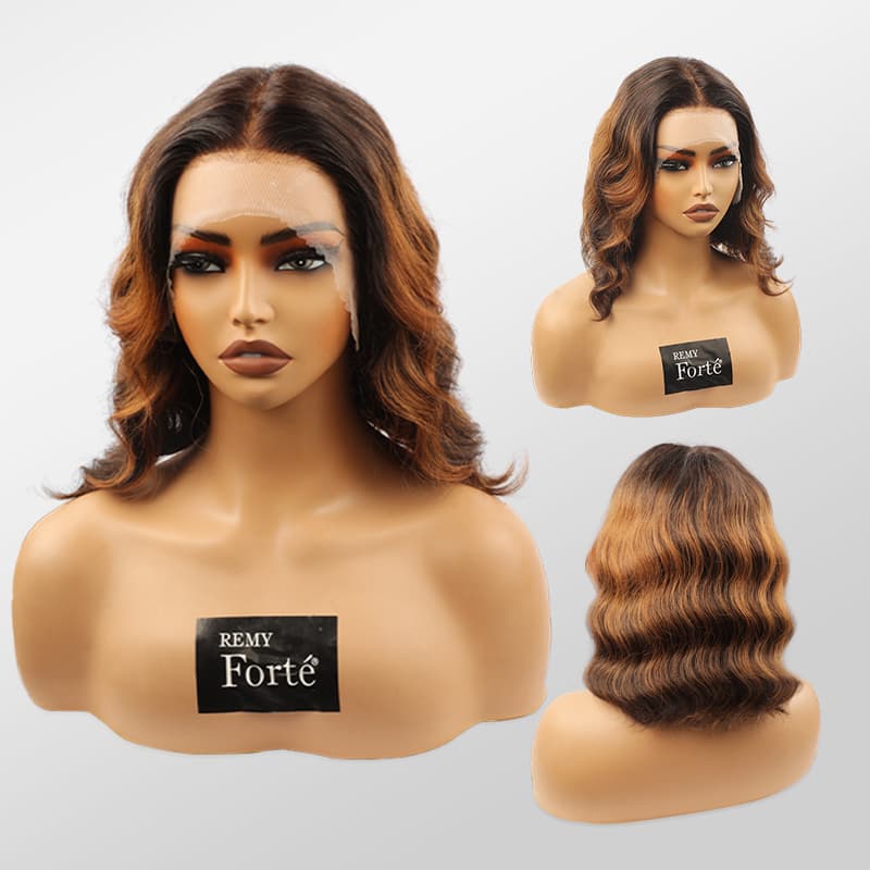 Hollywood Bob Loose Wavy Pre Cut Lace Wig Ombre Highlight T Part Lace Bob Short 1B/30 Colored Wig