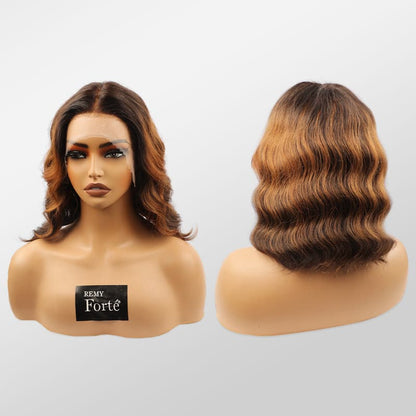 Hollywood Bob Loose Wavy Pre Cut Lace Wig Ombre Highlight T Part Lace Bob Short 1B/30 Colored Wig